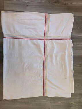 Vintage Woven Cotton Tablecloth With Multicolor Embroidery Cross Design 64" x 52